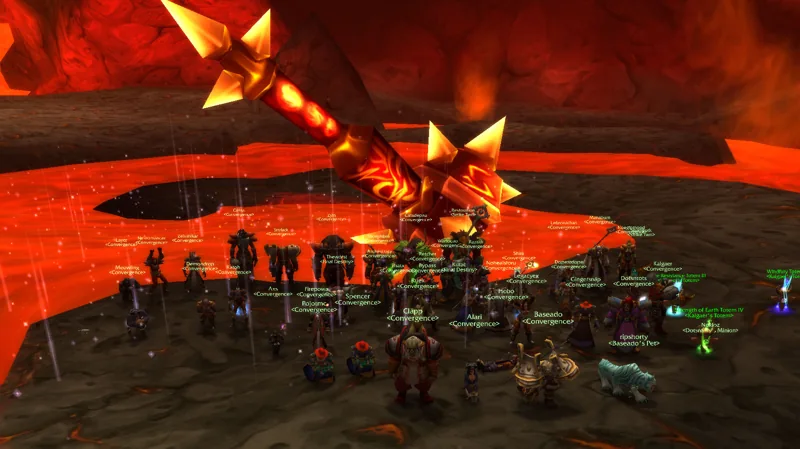 Convergence gathered after the first Ragnaros kill, with his hammer beside the raid.