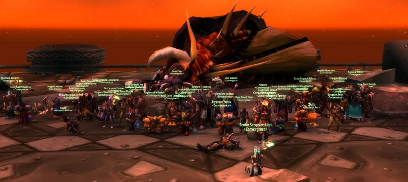 Guild members gathered beside Nefarian after a kill.