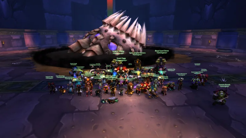 Guild members gathered around a fallen creature in a violet stone chamber.
