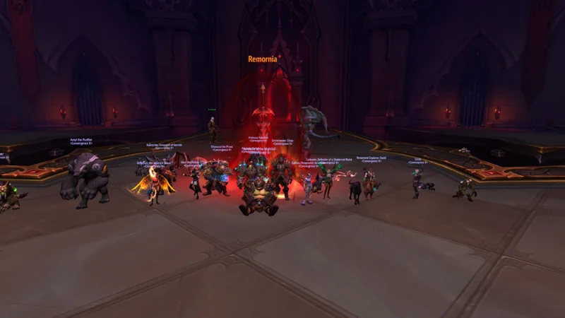 Guild members gathered around a red spectral figure in a raid chamber.