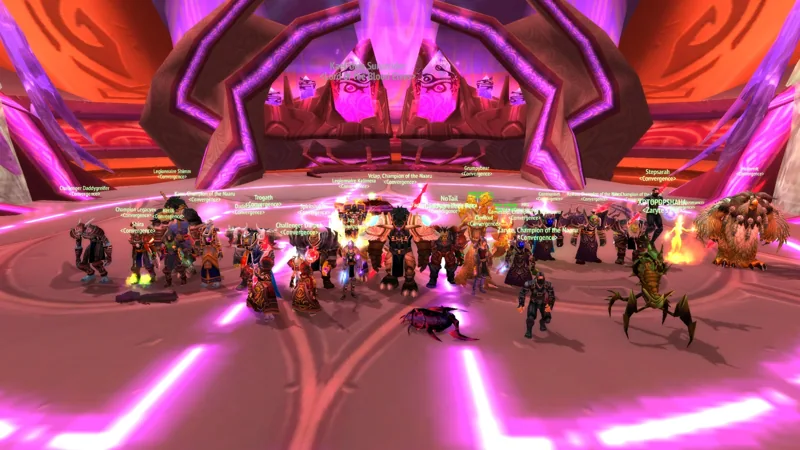 Guild members posing inside a brightly lit magenta raid chamber.