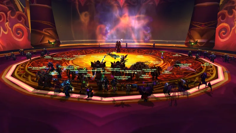 The guild gathered on a circular platform amid golden and crimson light.