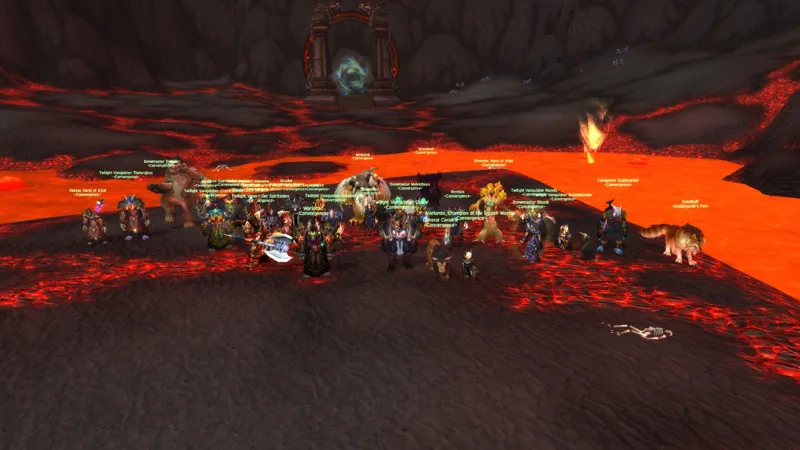 A large raid group assembled beside flowing lava.