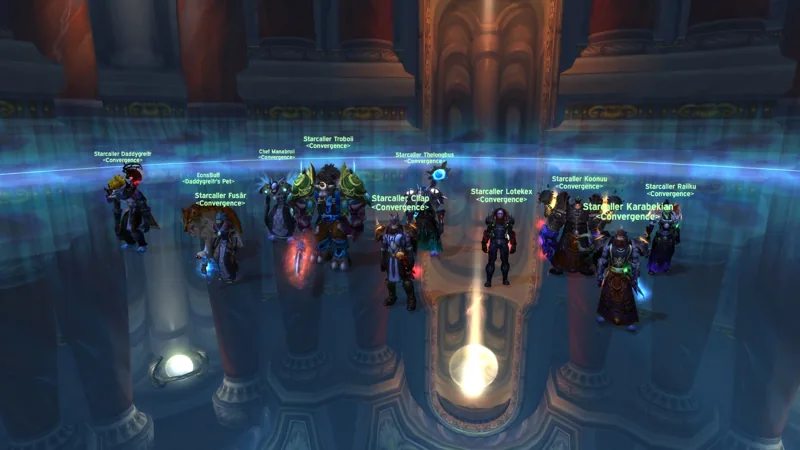 Guild members lined up on a polished floor in a blue-lit chamber.