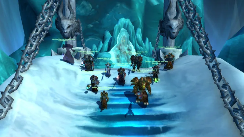 Raiders gathered before a frozen throne surrounded by ice and chains.