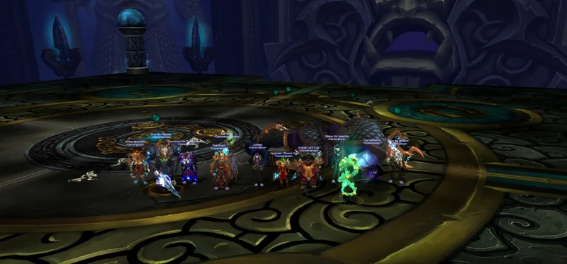 Guild members posing on a circular stone platform inside a dark raid chamber.
